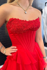 Hot Pink Strapless A-line Tiered Long Dress