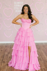 Hot Pink Strapless A-line Tiered Long Dress
