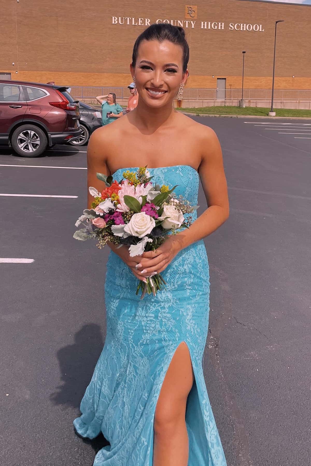 Blue Lace Strapless Mermaid Long Prom Dress
