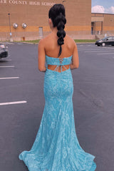 Blue Lace Strapless Mermaid Long Prom Dress