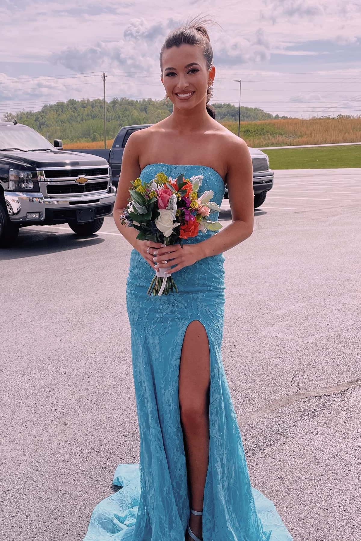 Blue Lace Strapless Mermaid Long Prom Dress