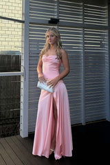 Pink Soft Satin Ruched Long Formal Dress