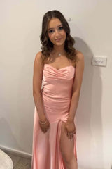 Pink Soft Satin Ruched Long Formal Dress