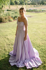 Lavender Appliques Chiffon A-line Long Prom Dress