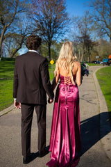 Plum V Neck Satin Long Dress with Train