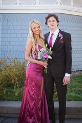 Plum V Neck Satin Long Dress with Train