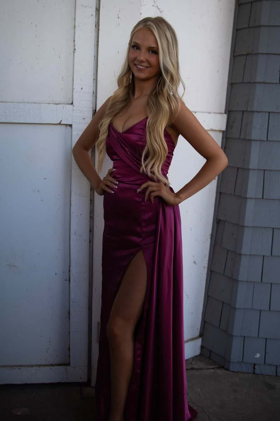 Plum V Neck Satin Long Dress with Train