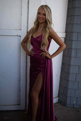 Plum V Neck Satin Long Dress with Train