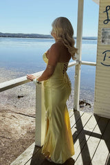 Strapless Twist Yellow Satin Long Prom Dress