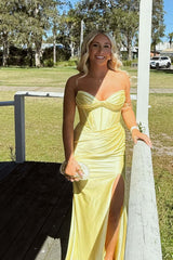 Strapless Twist Yellow Satin Long Prom Dress