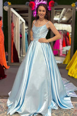 Pink Straps Pearls Satin A-line Long Prom Gown