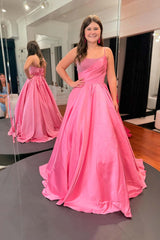 Pink Straps Pearls Satin A-line Long Prom Gown