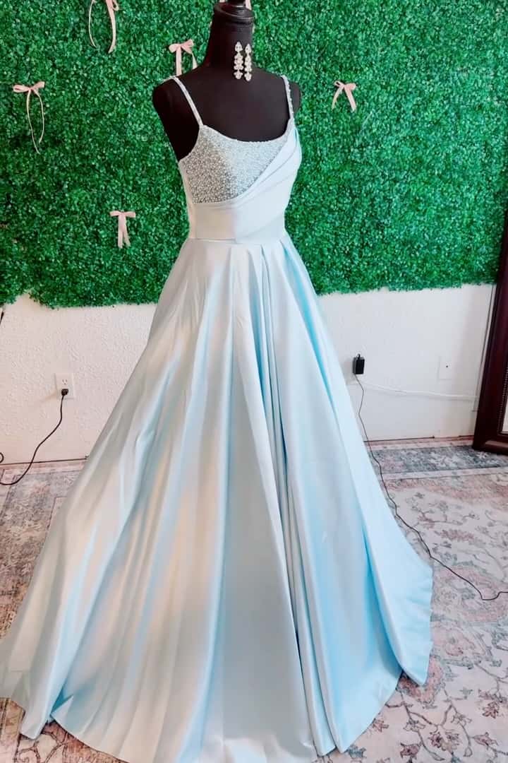Pink Straps Pearls Satin A-line Long Prom Gown
