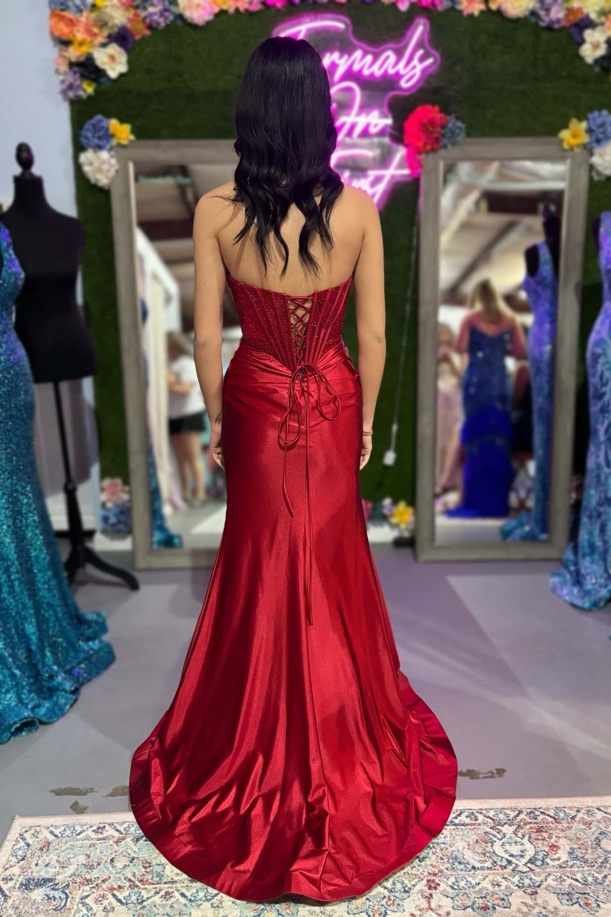 Beaded Red Corset Satin Ruched Formal Dress