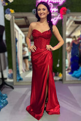 Beaded Red Corset Satin Ruched Formal Dress