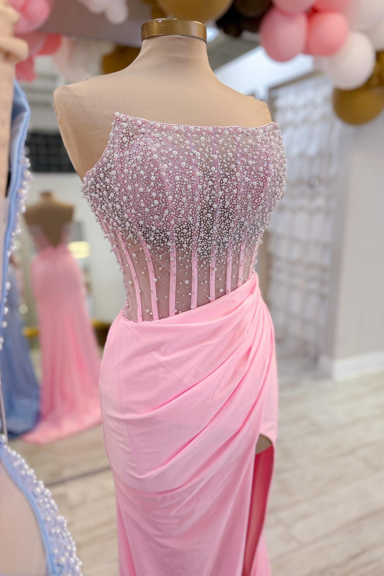 Beaded Pink Sheer Ruched Long Formal Dress