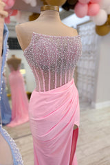 Beaded Pink Sheer Ruched Long Formal Dress