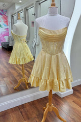 Strapless Beaded Yellow Satin A-line Short Dress