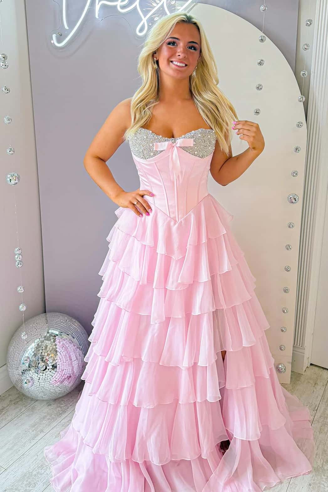 Sweet Pink Pearls Corset Ruffle Gown