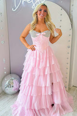 Sweet Pink Pearls Corset Ruffle Gown