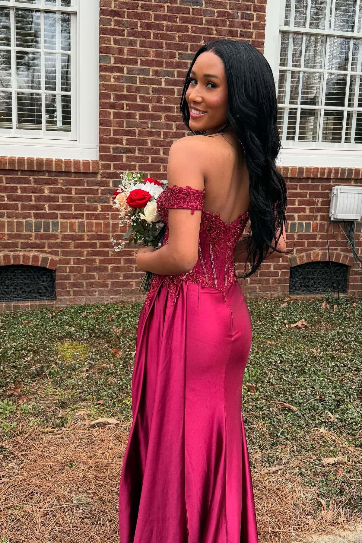 Green Off the Shoulder Appliques Draped Formal Dress