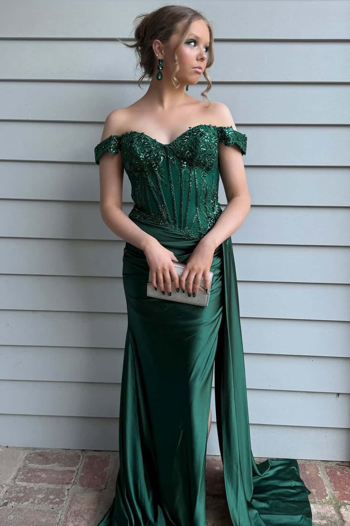 Green Off the Shoulder Appliques Draped Formal Dress