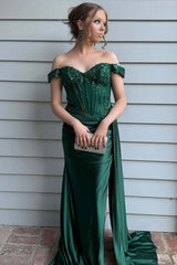 Green Off the Shoulder Appliques Draped Formal Dress