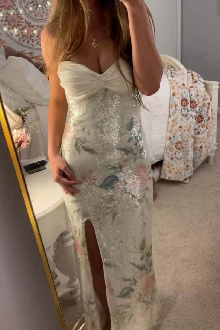 Twist Ivory Floral Sequin Fitted Dress