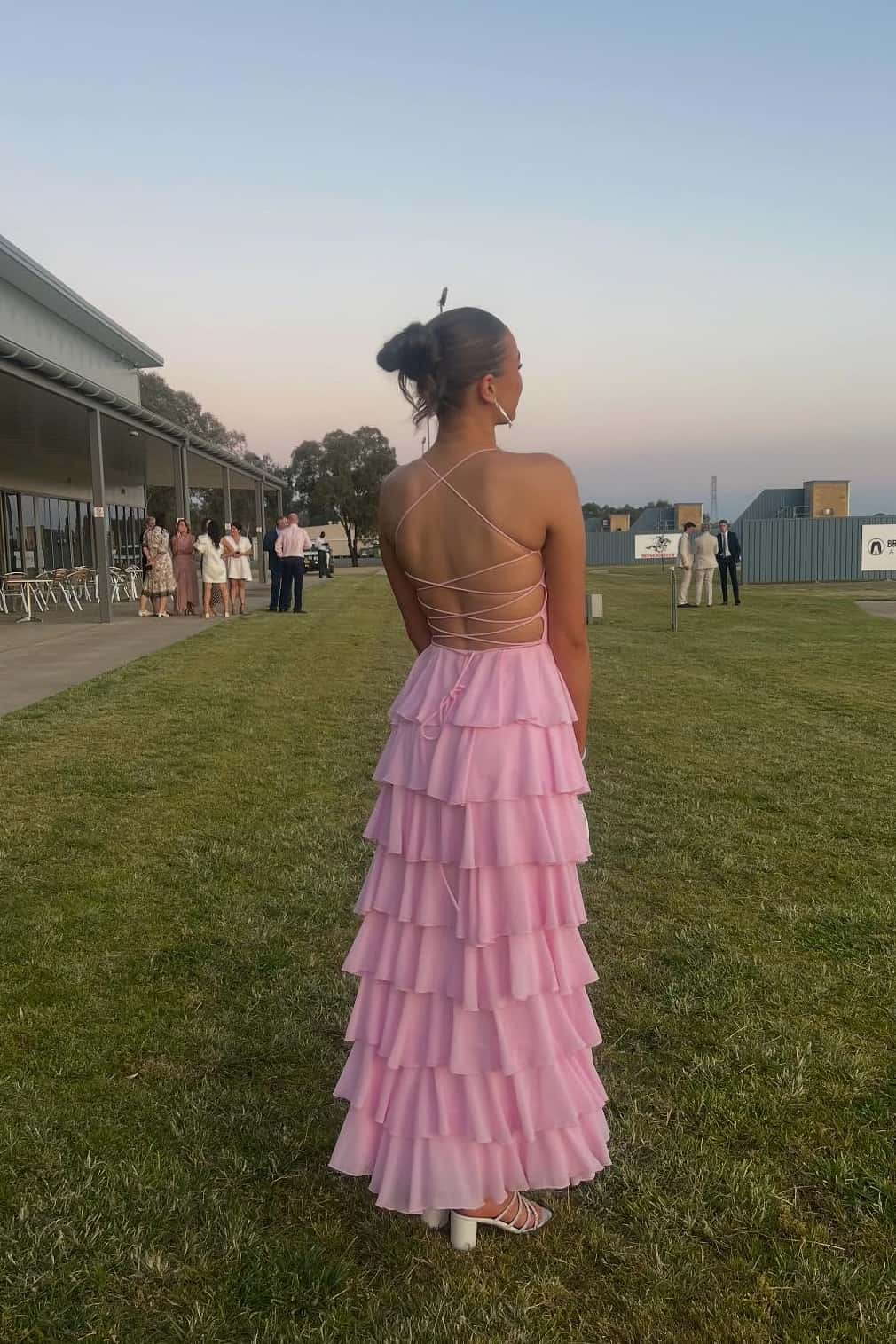Straps Pink Chiffon Ruffle A-line Long Dress