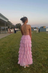 Straps Pink Chiffon Ruffle A-line Long Dress