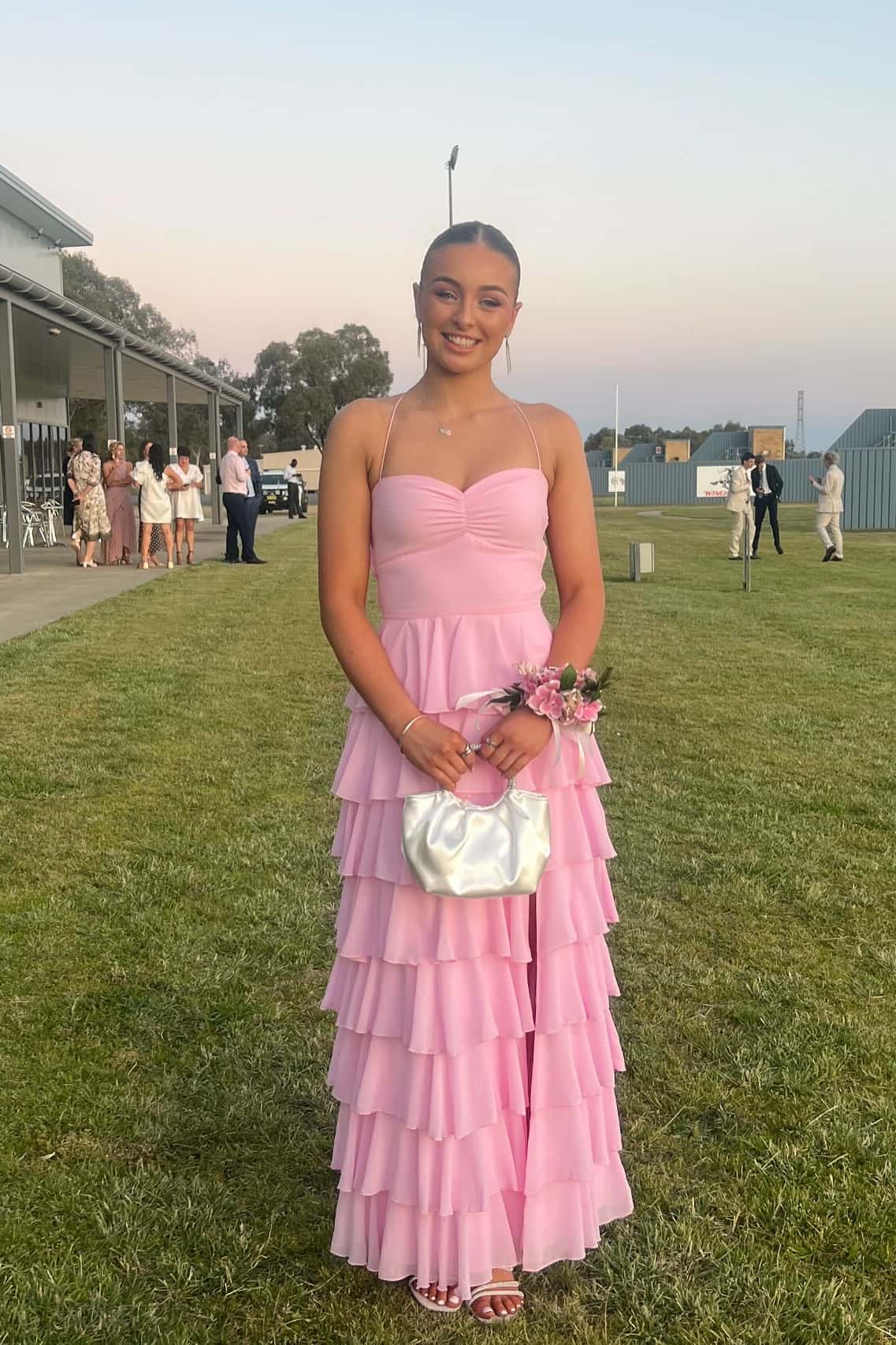 Straps Pink Chiffon Ruffle A-line Long Dress