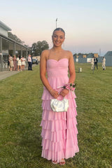 Straps Pink Chiffon Ruffle A-line Long Dress