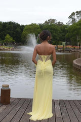 Sheer Corset Yellow Draped Long Formal Dress