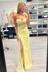 Sheer Corset Yellow Draped Long Formal Dress