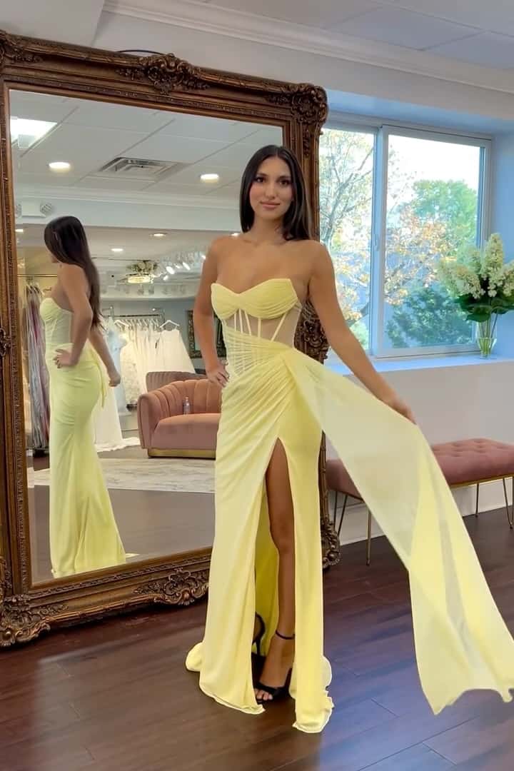Sheer Corset Yellow Draped Long Formal Dress