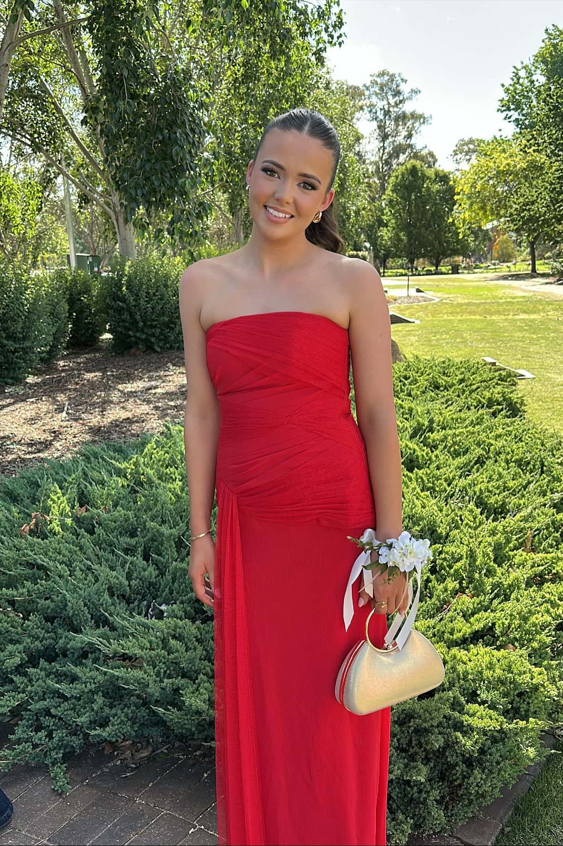 Red Strapless Fitted Mesh Long Dress