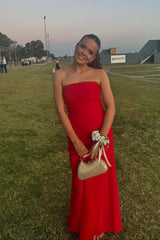 Red Strapless Fitted Mesh Long Dress