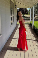 Red Strapless Fitted Mesh Long Dress