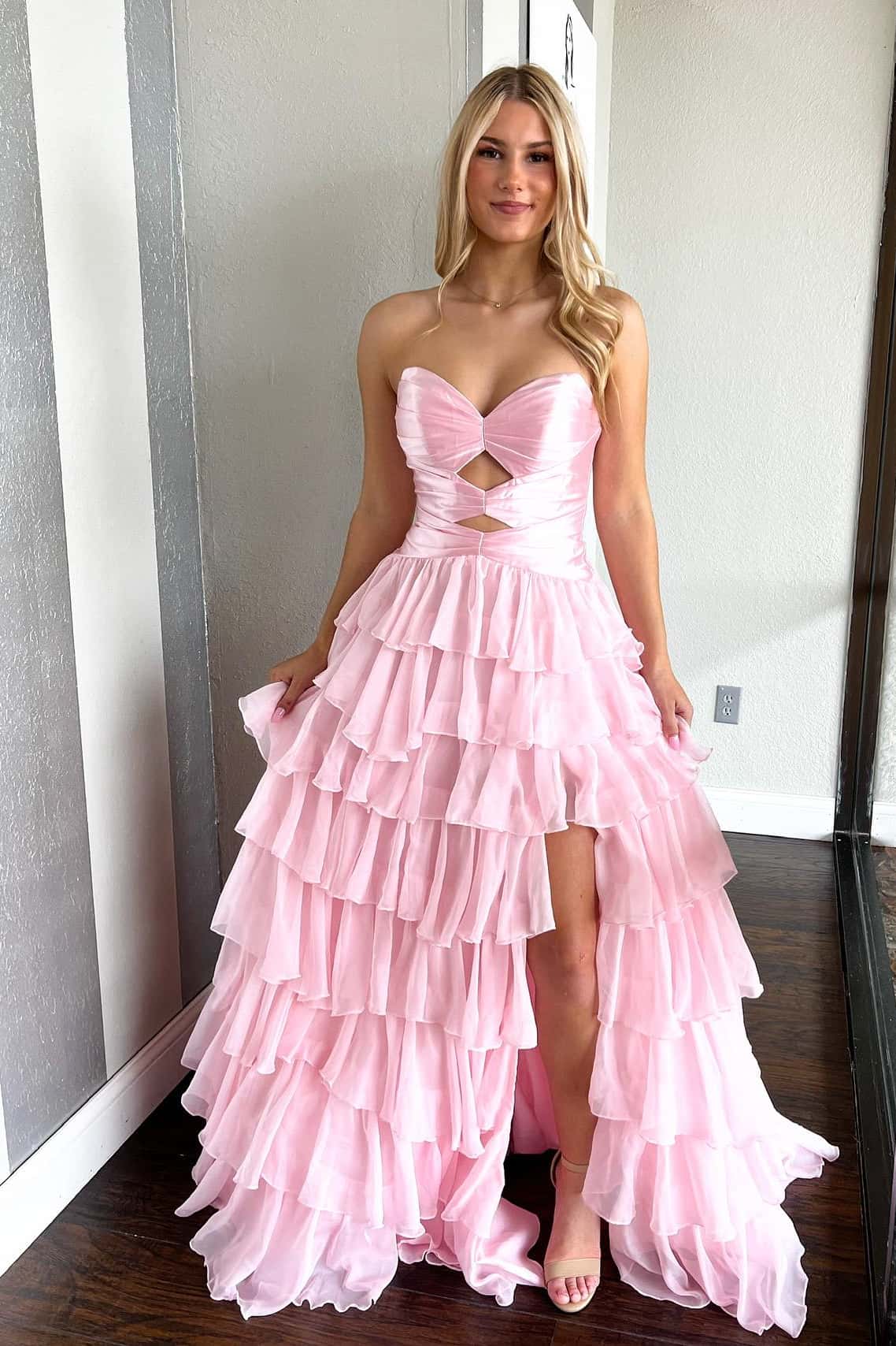 Pink Keyholes Ruched Ruffle A-line Prom Dress