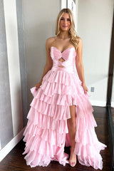 Pink Keyholes Ruched Ruffle A-line Prom Dress