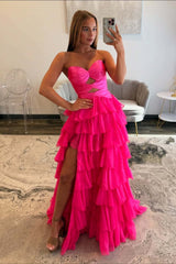 Fuchsia Keyholes Ruched Ruffle A-line Prom Dress