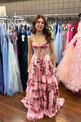 Pink Floral Corset Twist A-line Ruffle Prom Dress