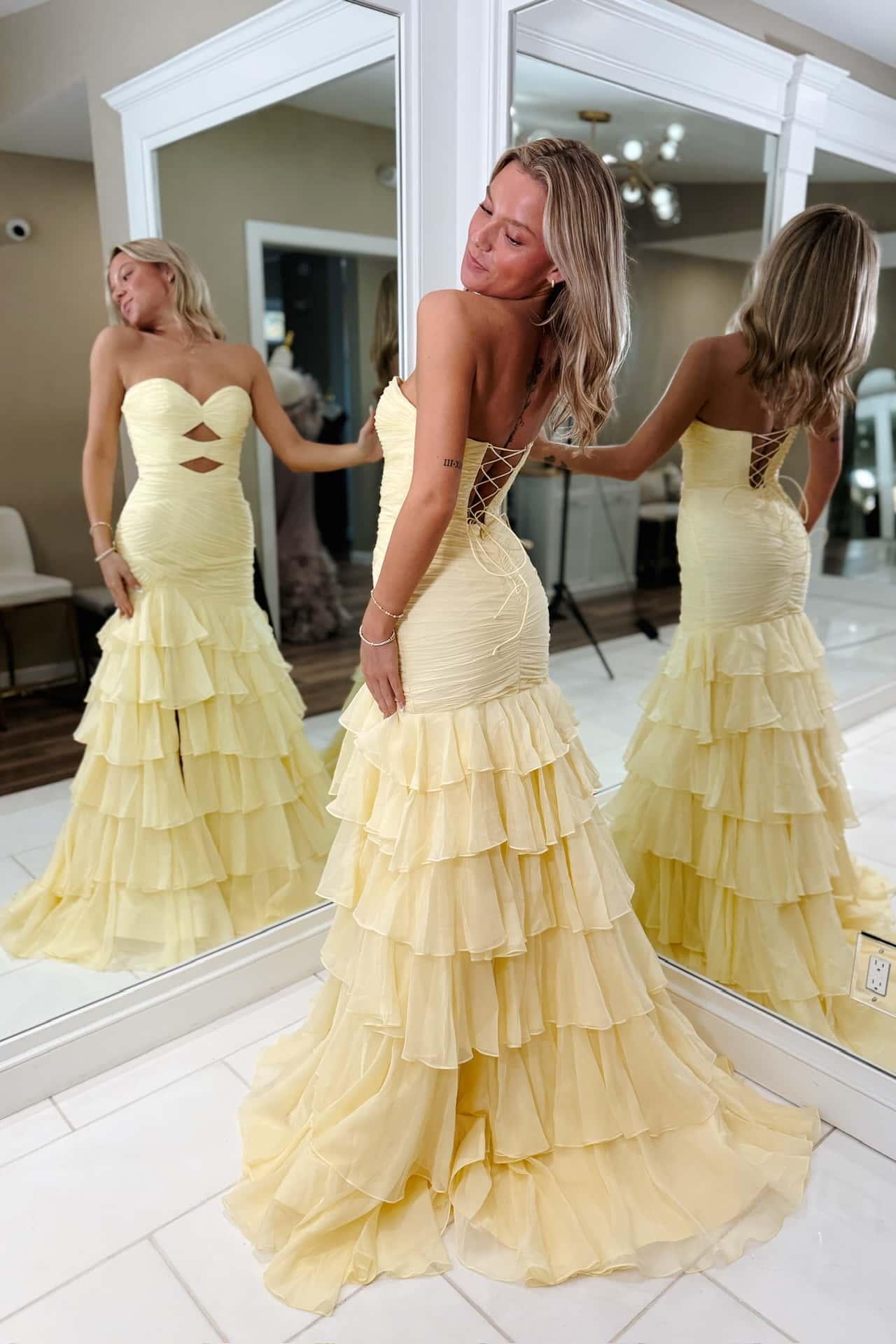 Butter Yellow Keyholes Mermaid Ruffle Prom Dress