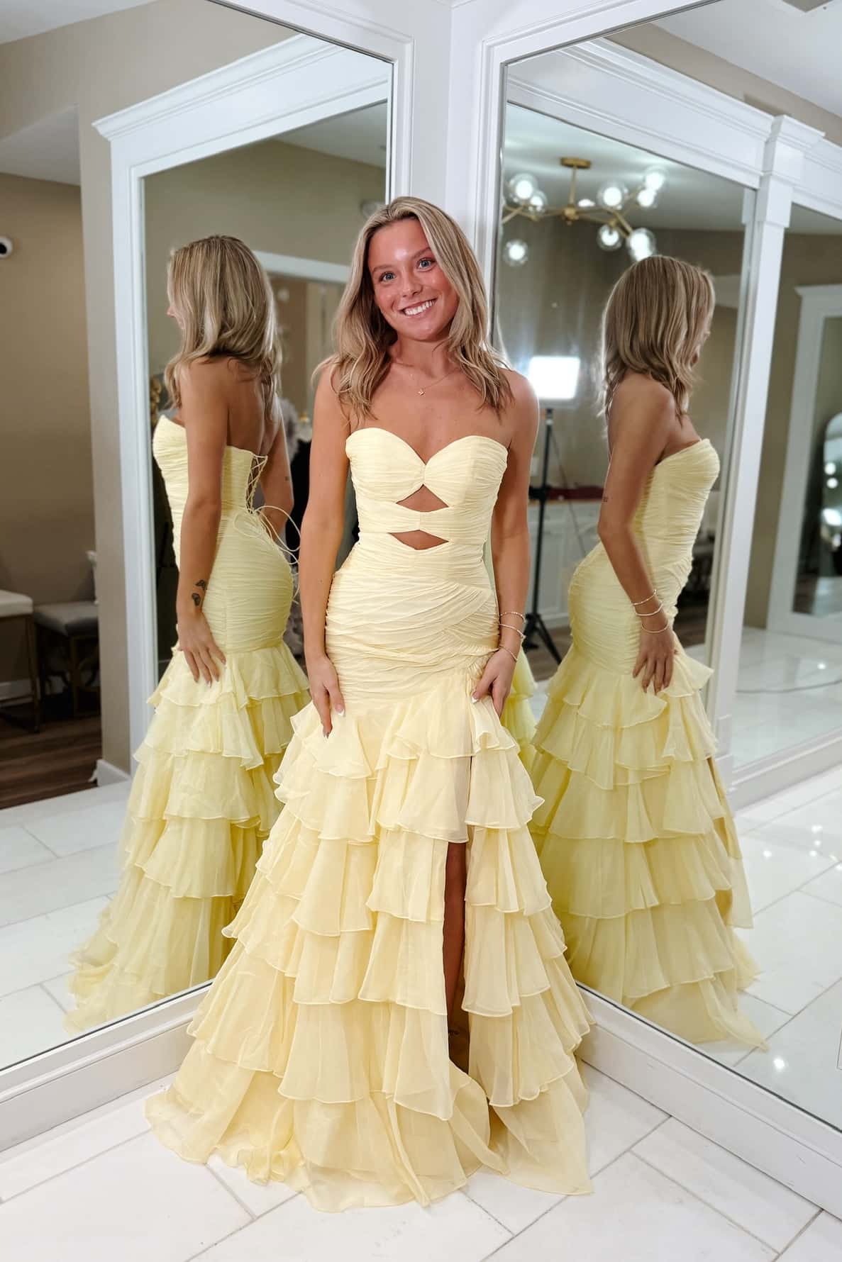 Butter Yellow Keyholes Mermaid Ruffle Prom Dress