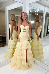 Butter Yellow Keyholes Mermaid Ruffle Prom Dress
