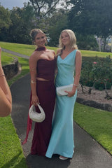 Cowl Neck Auqa Soft Satin Fitted Dress