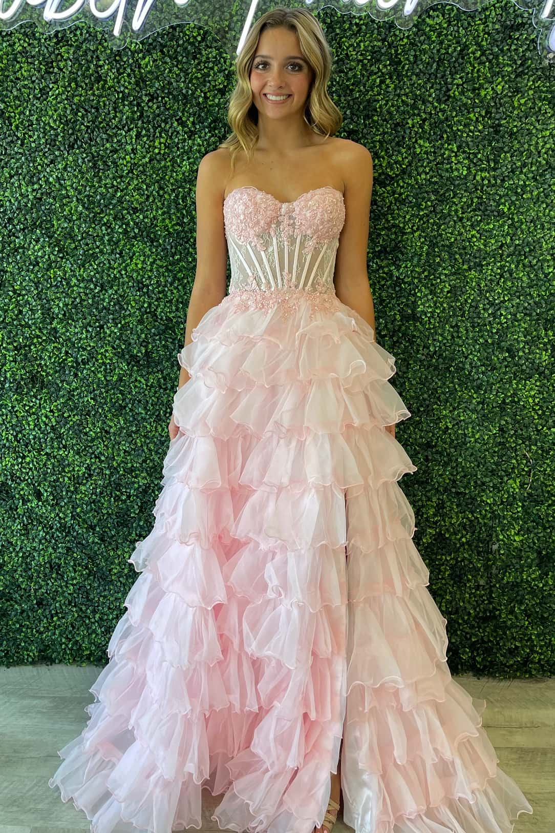 Pink Sweetheart Appliques Ruffle A-line Formal Gown
