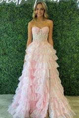 Pink Sweetheart Appliques Ruffle A-line Formal Gown