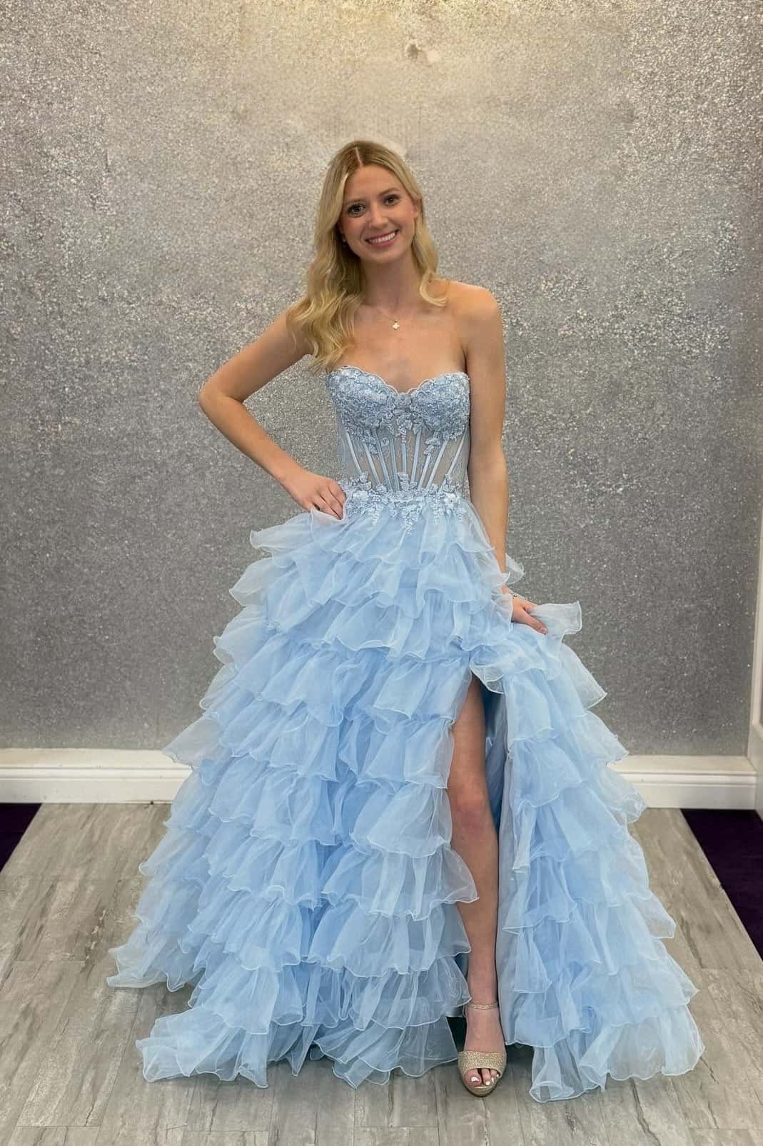 Blue Sweetheart Appliques Ruffle A-line Formal Gown