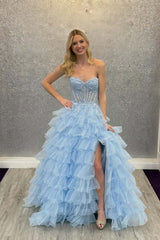 Blue Sweetheart Appliques Ruffle A-line Formal Gown